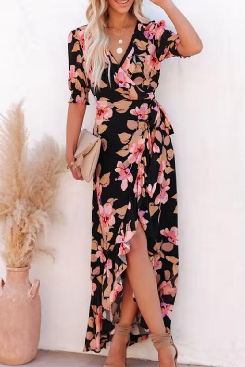 Stilla | Mode Print Split Joint V-hals Talje Skirt Kjoler
