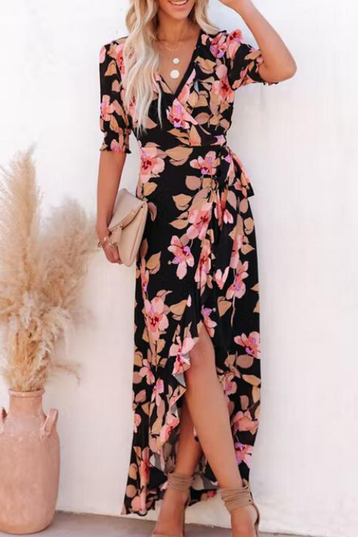 Stilla | Mode Print Split Joint V-hals Talje Skirt Kjoler