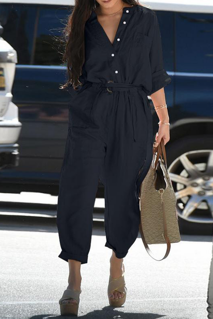 Stilla | Afslappet Solid Patchwork V-hals Harlan Jumpsuits