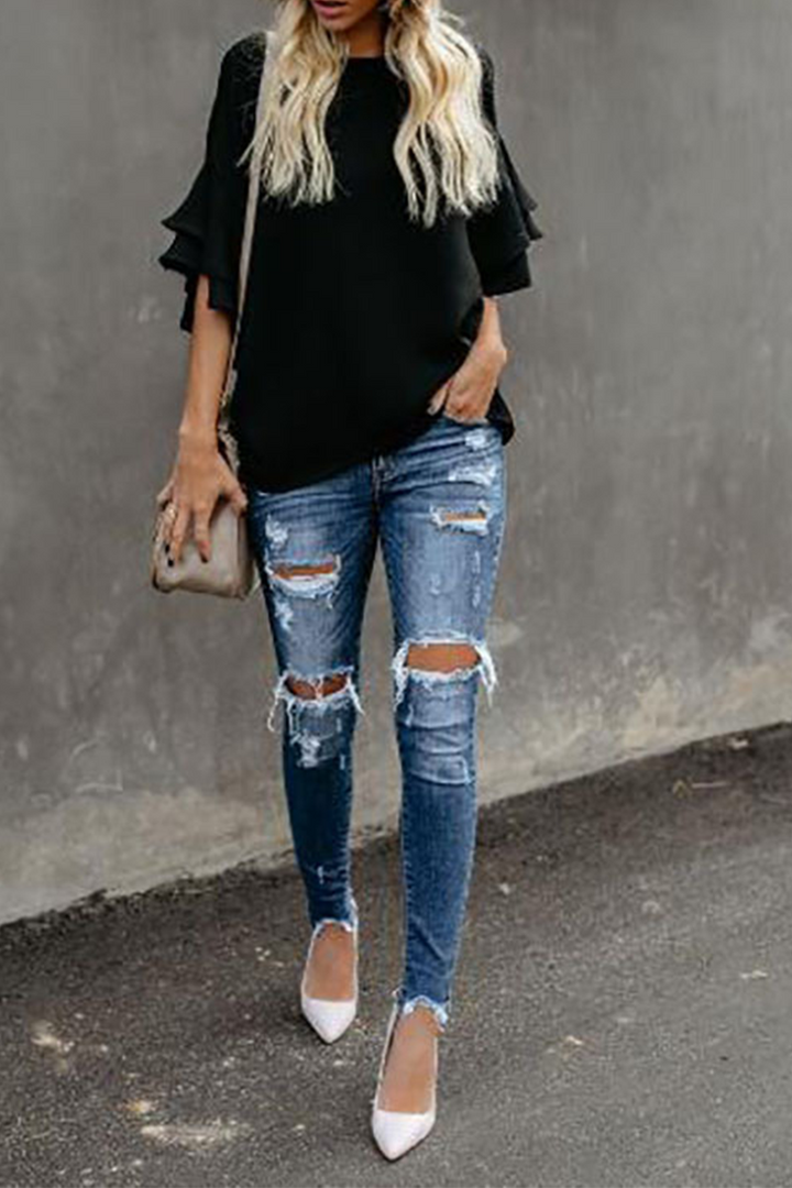 Stilla | Ensfarvede Casual T-shirts Med Flæser