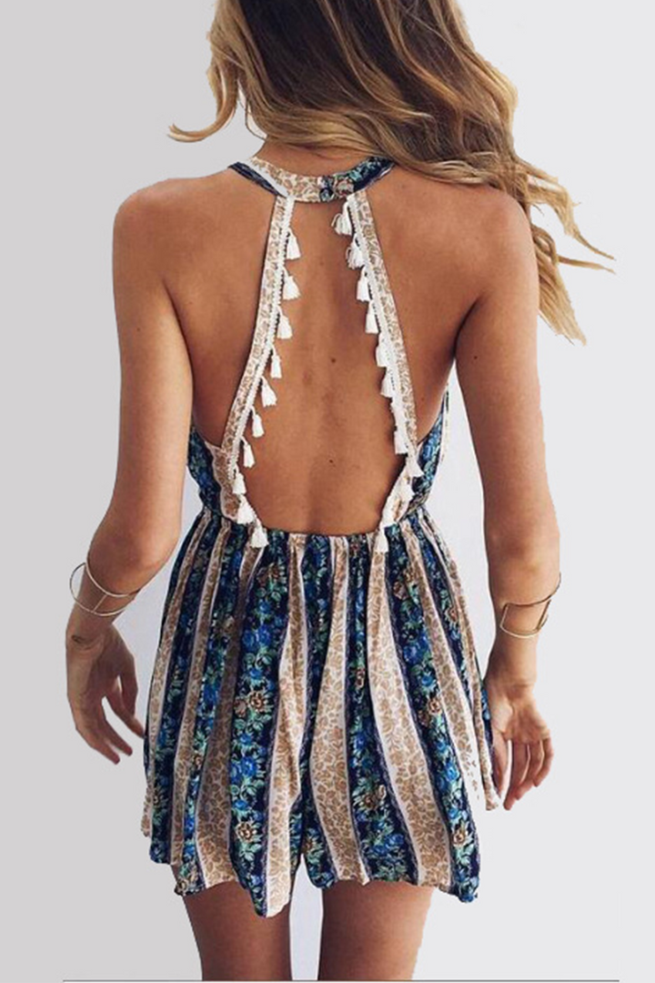 Stilla | Afslappet Print Patchwork Halterneck Straight Jumpsuits