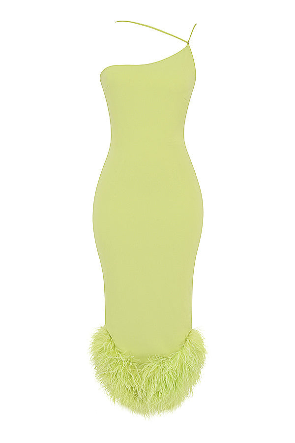 Stilla | Lime Midikjole Med Fjer