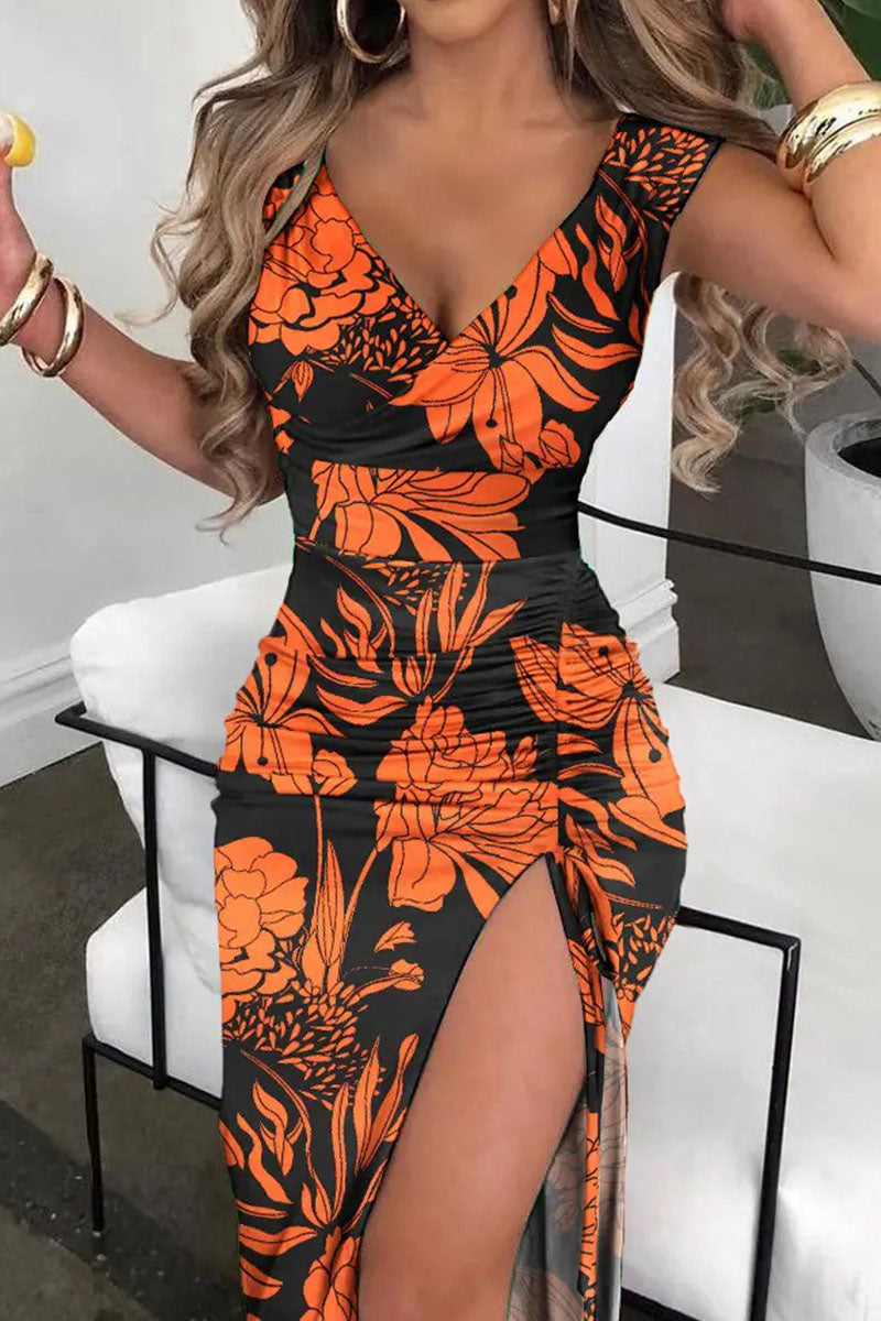 Stilla | Sexet Print Patchwork Slids V-hals Lige Kjoler