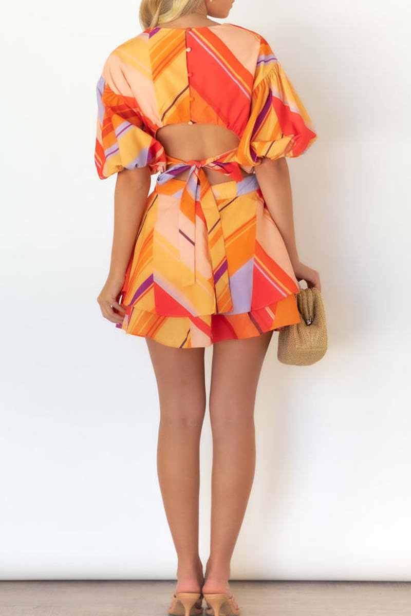 Stilla | Afslappet Print Flounce O-hals Kage Nederdel Kjoler