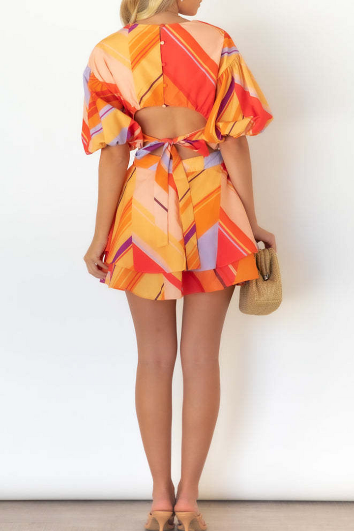 Stilla | Afslappet Print Flounce O-hals Kage Nederdel Kjoler