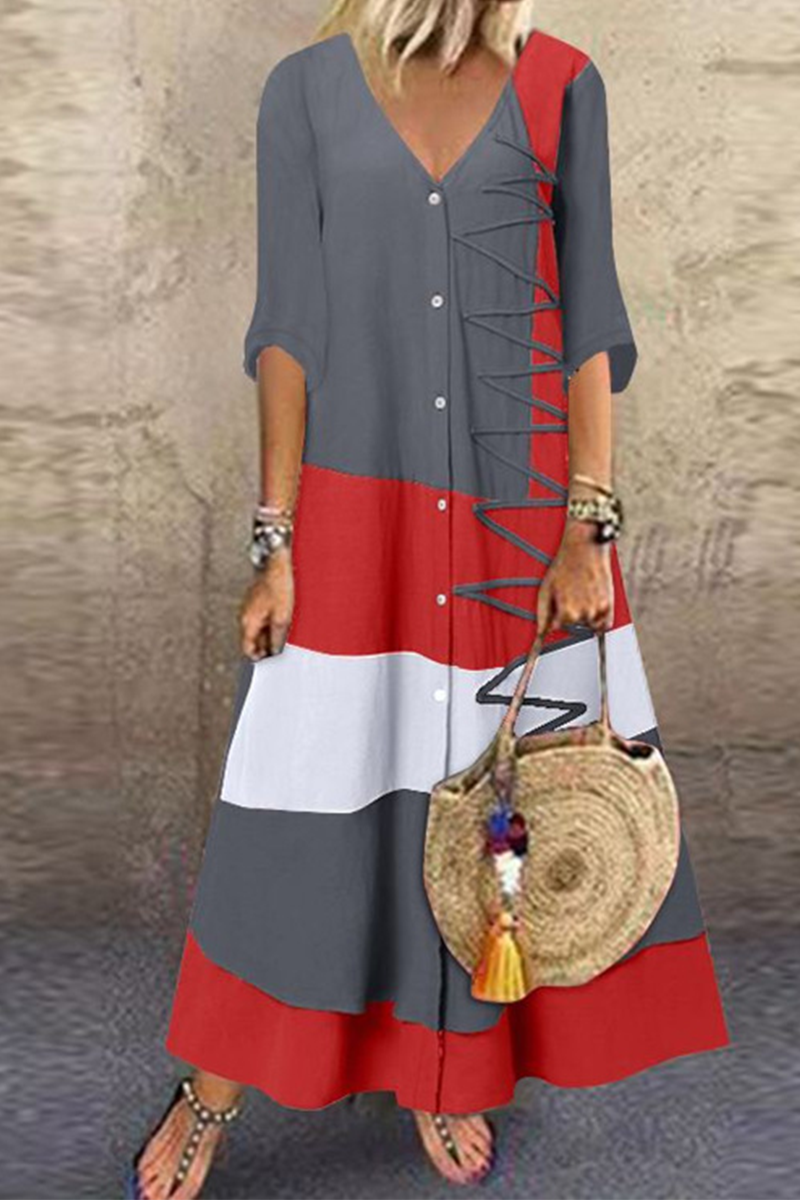 Stilla | Mode Patchwork Knapper V-hals Lige Kjoler