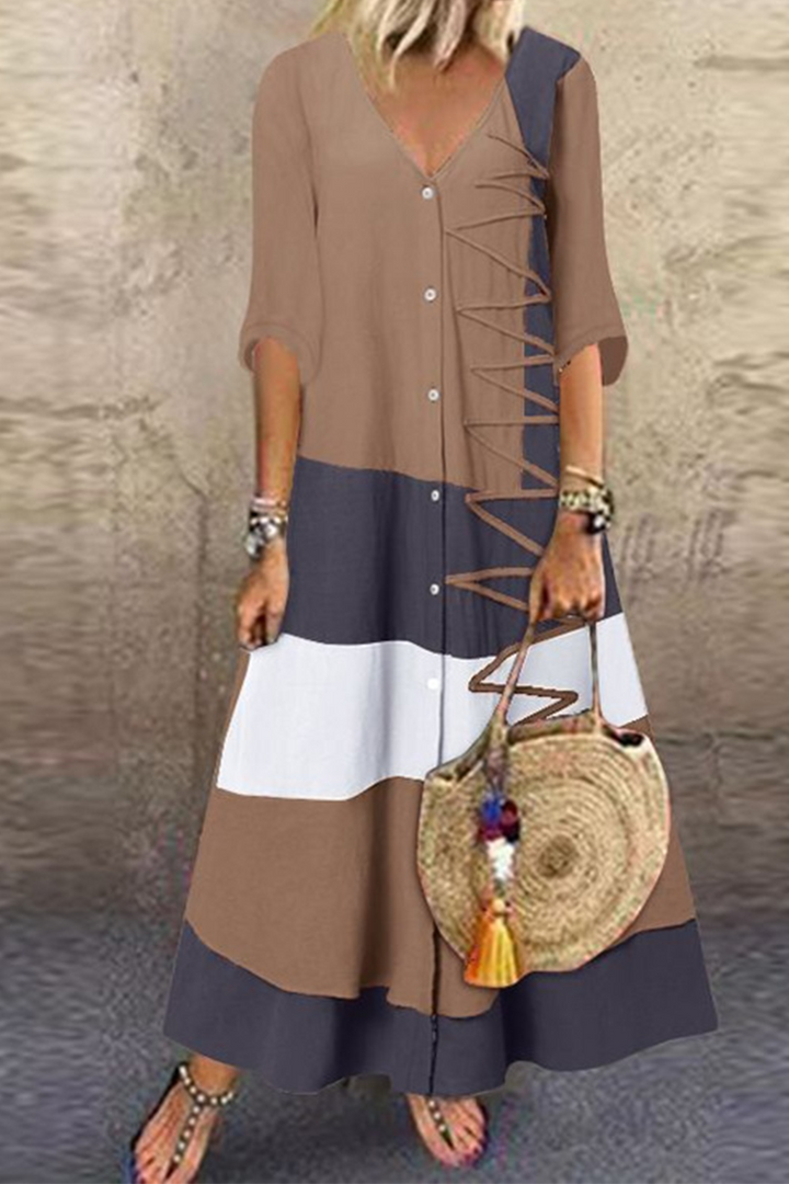 Stilla | Mode Patchwork Knapper V-hals Lige Kjoler