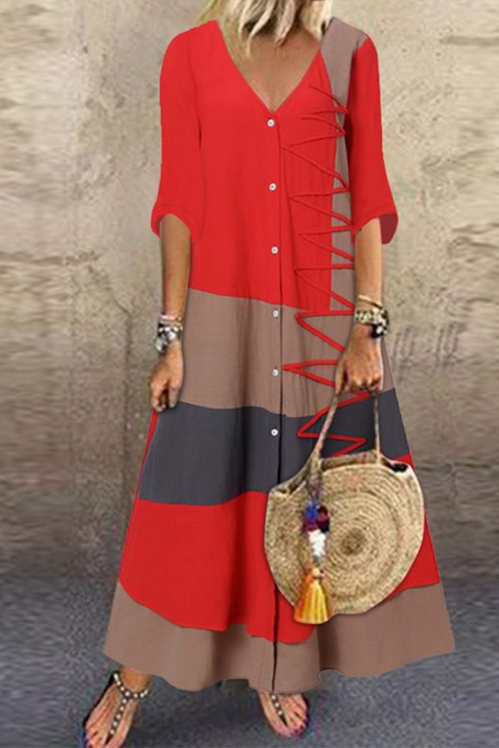 Stilla | Mode Patchwork Knapper V-hals Lige Kjoler