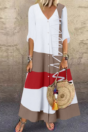 Stilla | Mode Patchwork Knapper V-hals Lige Kjoler