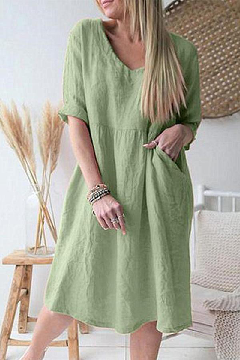 Stilla | Casual Straight Patchwork Kjoler Med Ensfarvet V-hals