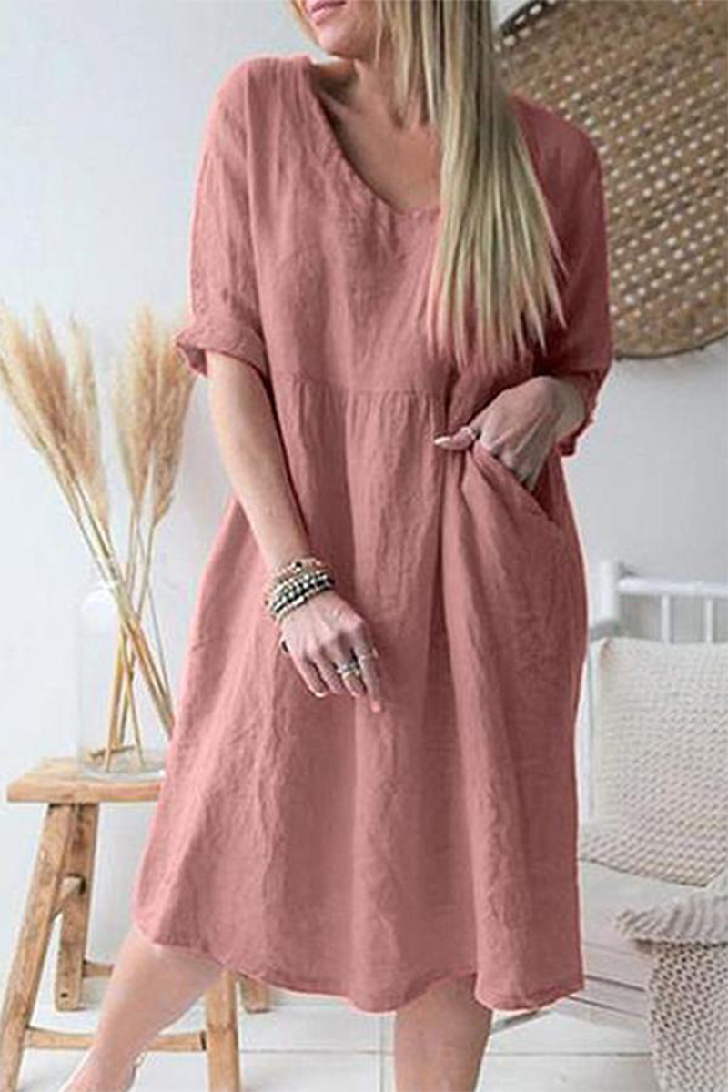 Stilla | Casual Straight Patchwork Kjoler Med Ensfarvet V-hals