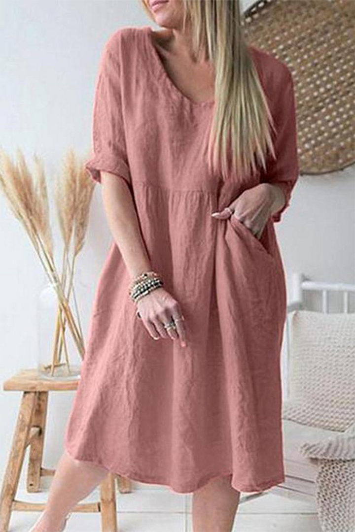 Stilla | Casual Straight Patchwork Kjoler Med Ensfarvet V-hals