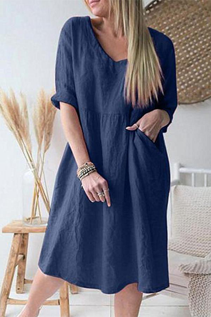 Stilla | Casual Straight Patchwork Kjoler Med Ensfarvet V-hals