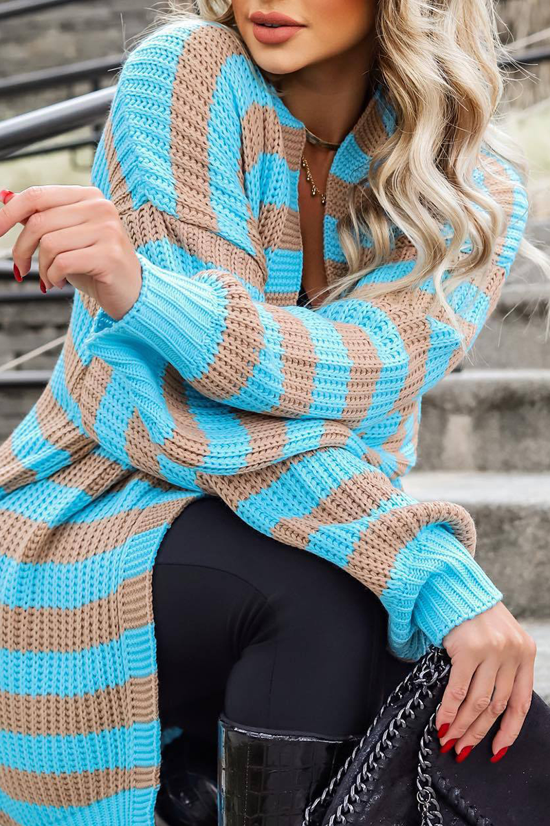 Stilla | Mode Patchwork-striber strikjakke med krave