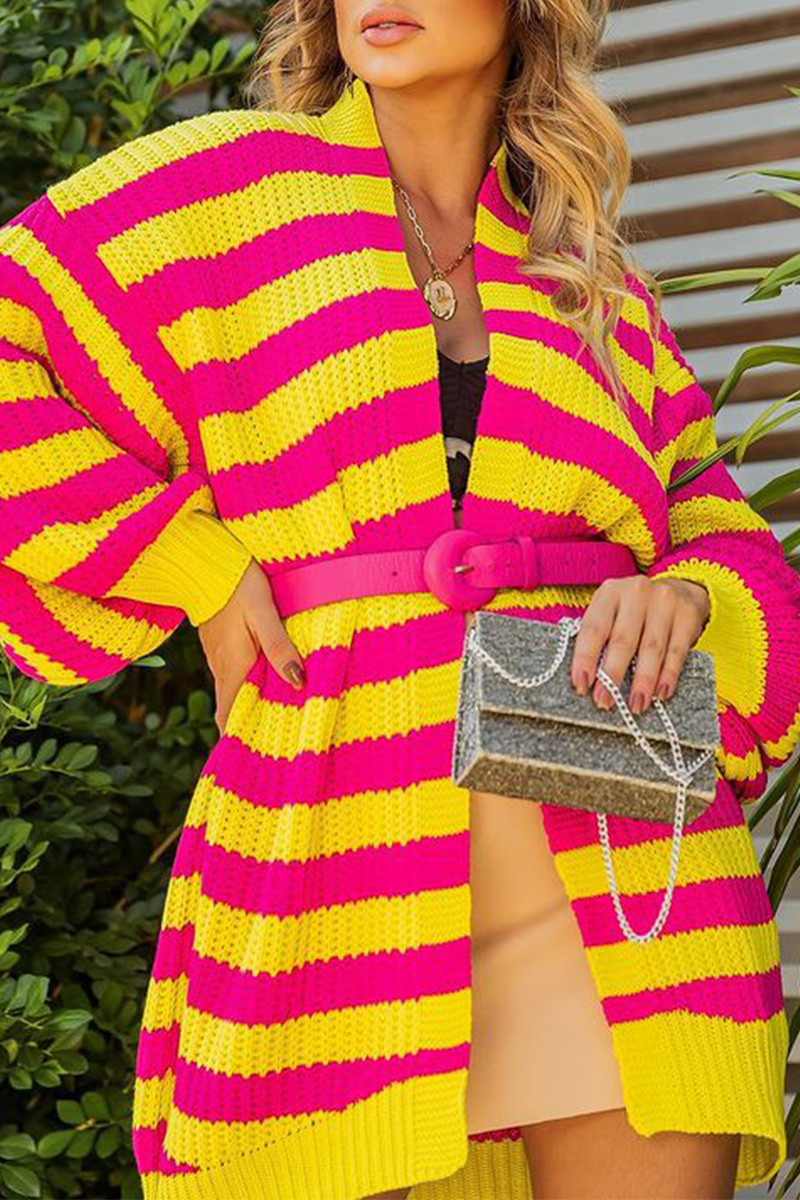 Stilla | Mode Patchwork-striber strikjakke med krave