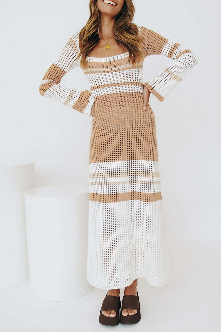 Stilla | Casual Stribet Patchwork Kjoler Med Skulderfri Skuldre
