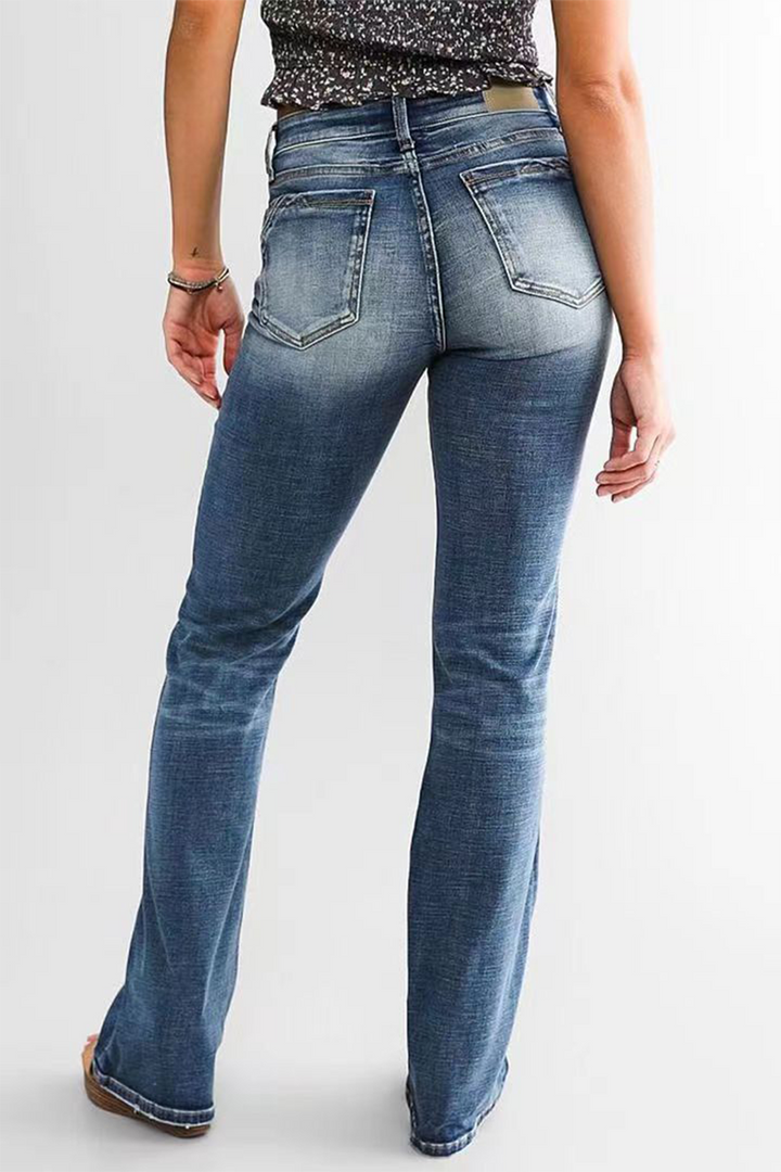 Stilla | Mode Gradual Change Patchwork Mid Waist Boot Cut Denim Jeans