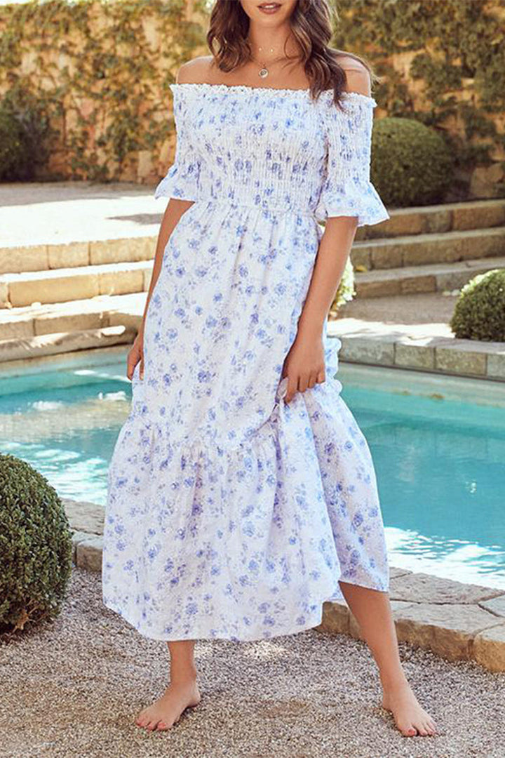 Stilla | Mode Afslappet Print Foldet Trykt Off the Shoulder Kort Ærme Kjole Kjoler