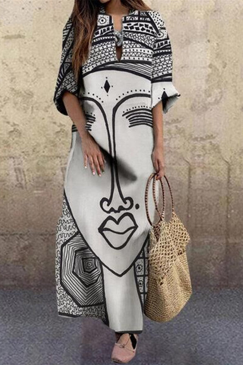 Stilla | Plus Size Print Print V-hals Trykt Kjole Kjoler