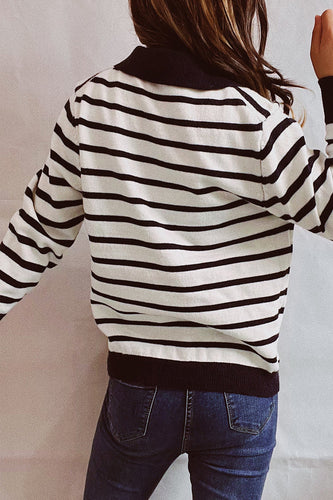 Stilla | Casual Sweater Med Stribede Knapper og Omslået Krave