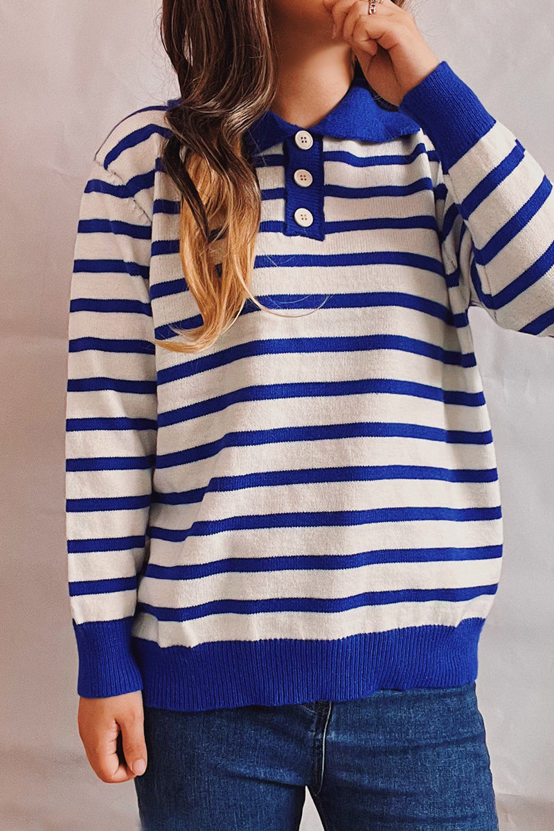 Stilla | Casual Sweater Med Stribede Knapper og Omslået Krave