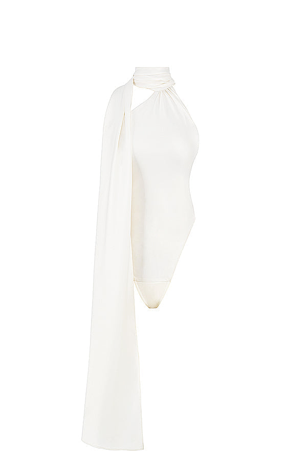 Stilla | Ivory Satin Bodysuit Med Omløbshals Og Grå Løse Bukser