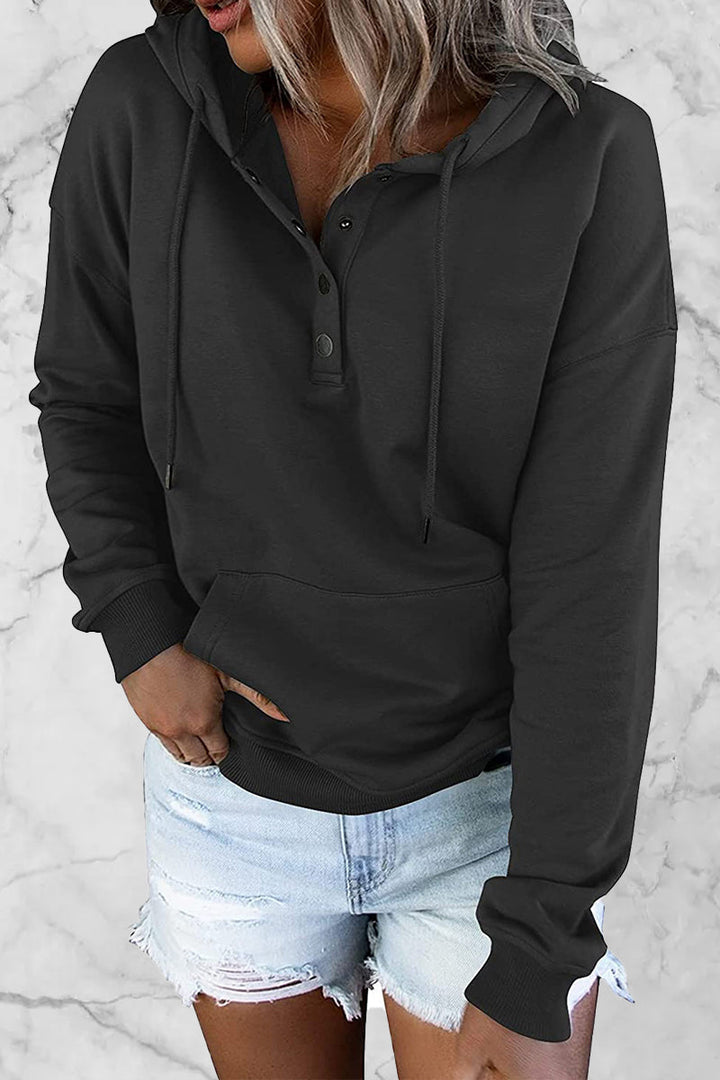 Stilla | Lækker Hoodie med Enfarvede Knapper og V-hals