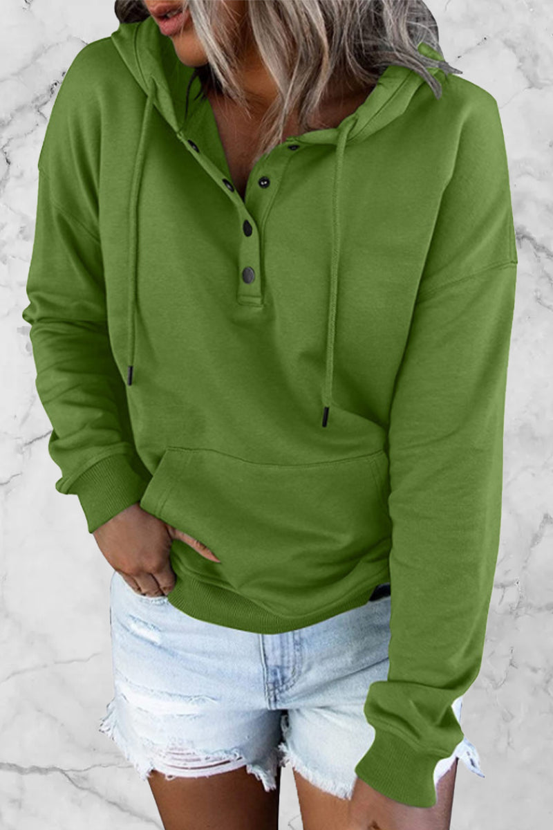 Stilla | Lækker Hoodie med Enfarvede Knapper og V-hals