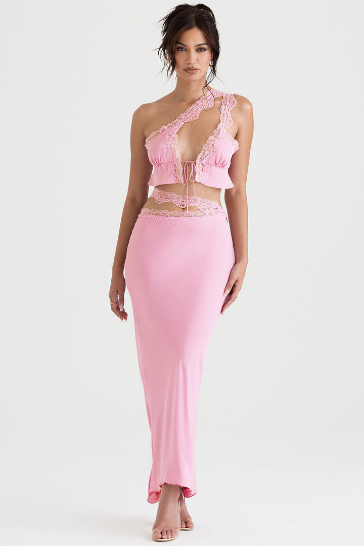 Stilla | Pink Luftig Cropped Top Med Maxi Nederdel Med Blondekant