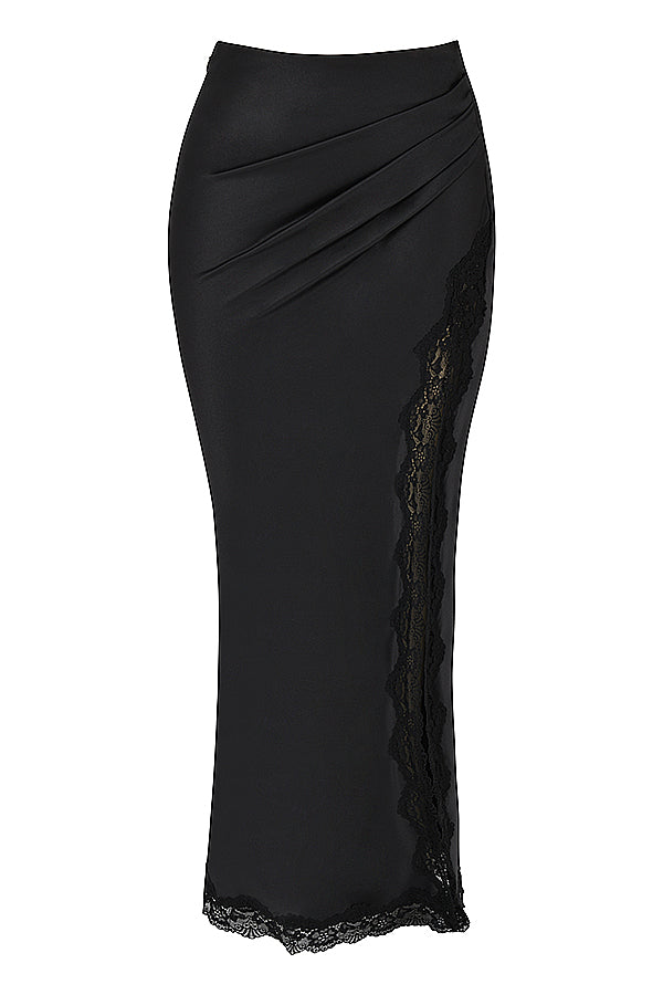 Stilla | Sort Blondekorset Med Satin Midi Nederdel