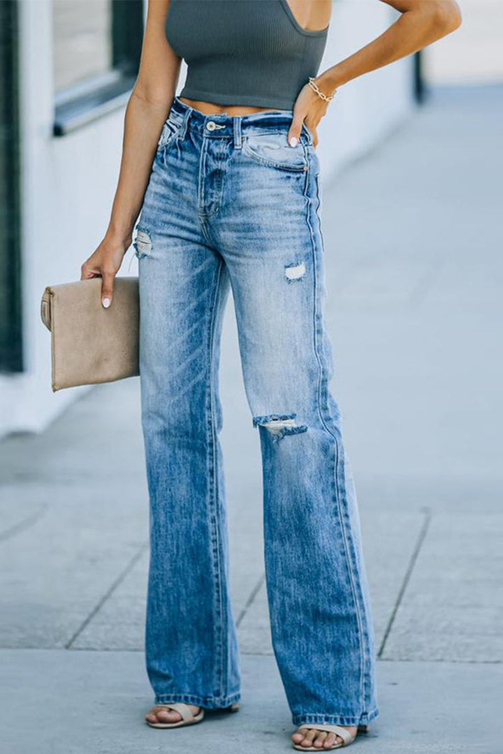 Stilla | Jeans Af Ensfarvet, Løst Denim Med Ødelagt Effekt og Boot Cut