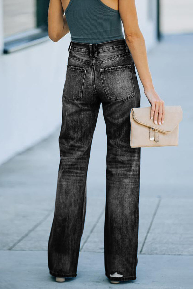 Stilla | Jeans Af Ensfarvet, Løst Denim Med Ødelagt Effekt og Boot Cut