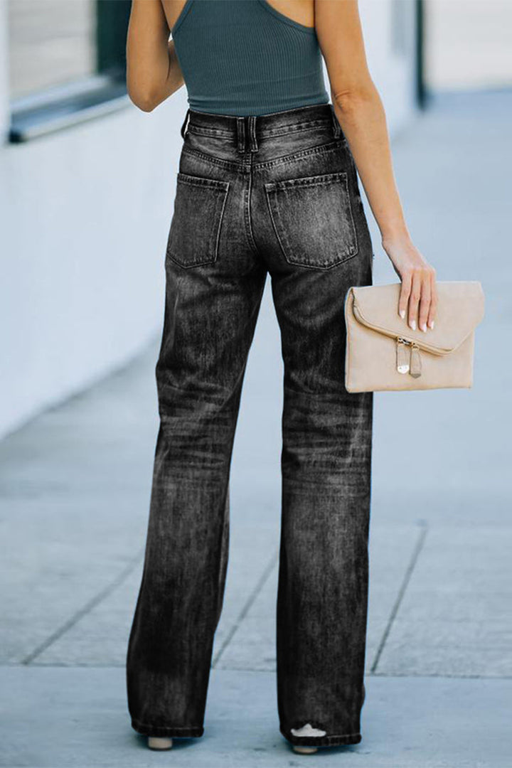 Stilla | Jeans Af Ensfarvet, Løst Denim Med Ødelagt Effekt og Boot Cut