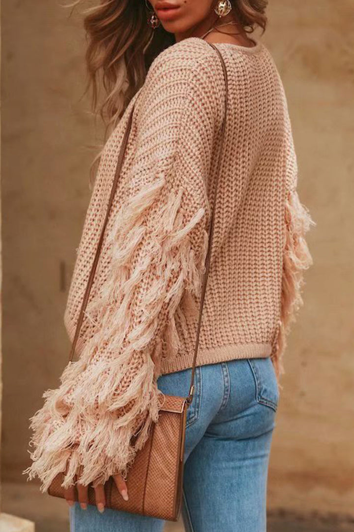 Stilla | Casual Ensfarvet Rundhalset Pullover Med Frynser