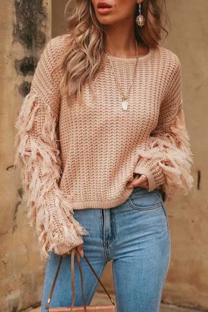 Stilla | Casual Ensfarvet Rundhalset Pullover Med Frynser