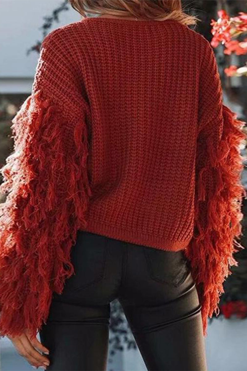 Stilla | Casual Ensfarvet Rundhalset Pullover Med Frynser
