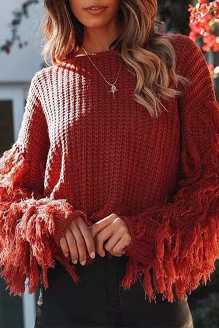 Stilla | Casual Ensfarvet Rundhalset Pullover Med Frynser