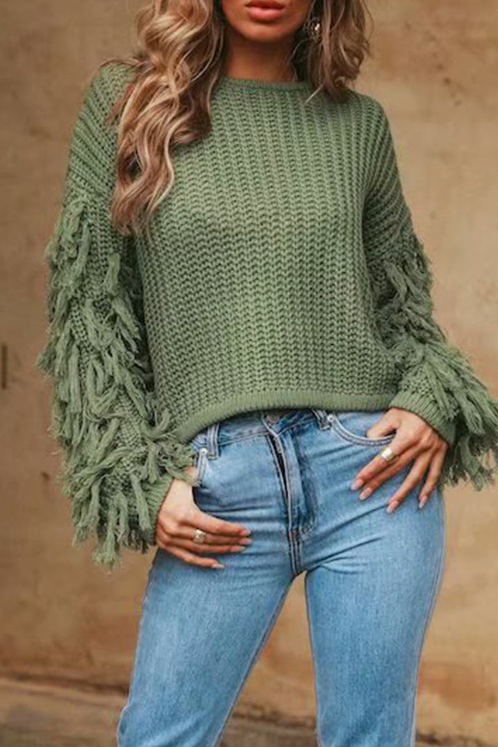 Stilla | Casual Ensfarvet Rundhalset Pullover Med Frynser
