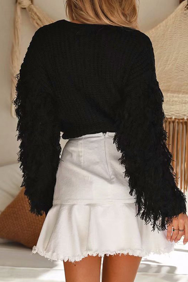 Stilla | Casual Ensfarvet Rundhalset Pullover Med Frynser