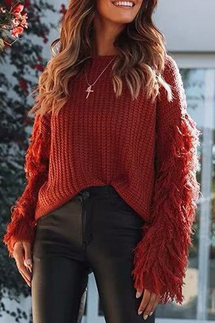 Stilla | Casual Ensfarvet Rundhalset Pullover Med Frynser