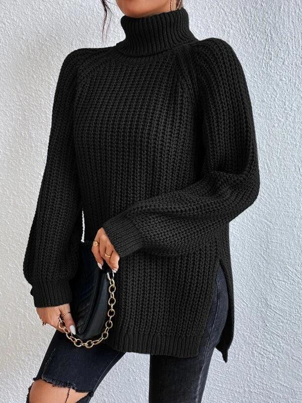 Stilla | Sort Pullover Med Høj Krave og Lange Ærmer, Ribbet Udførelse