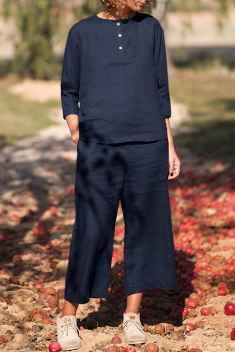 Stilla | Afslappet Solid Lomme Knapper Solid Farve O Hals Ni Punkt Erme to Stykker