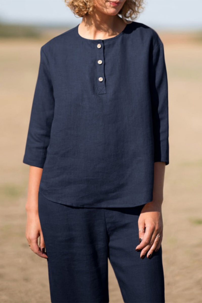 Stilla | Afslappet Solid Lomme Knapper Solid Farve O Hals Ni Punkt Erme to Stykker