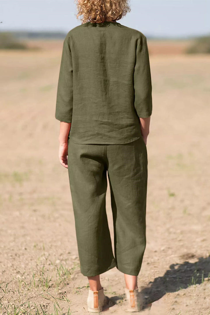 Stilla | Afslappet Solid Lomme Knapper Solid Farve O Hals Ni Punkt Erme to Stykker
