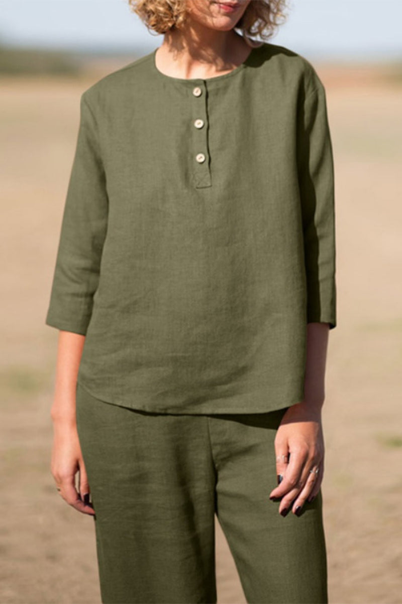 Stilla | Afslappet Solid Lomme Knapper Solid Farve O Hals Ni Punkt Erme to Stykker