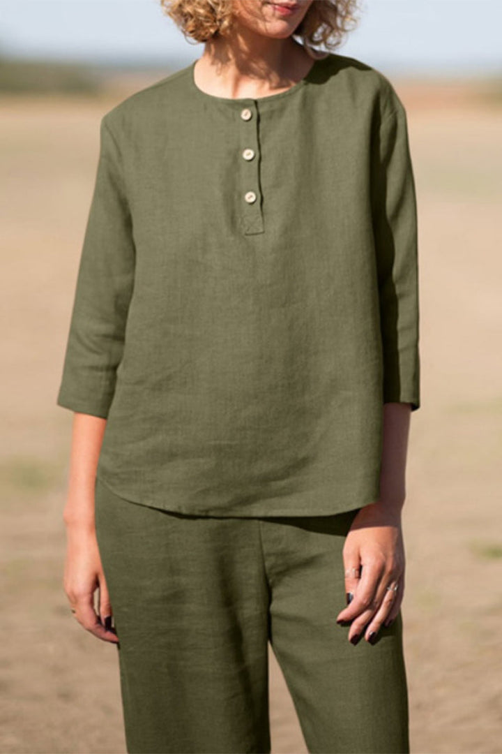 Stilla | Afslappet Solid Lomme Knapper Solid Farve O Hals Ni Punkt Erme to Stykker