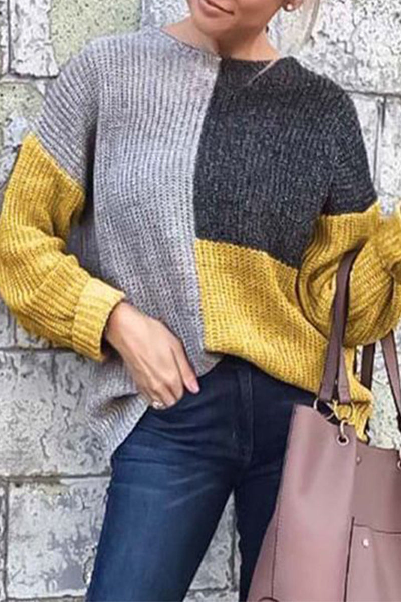 Stilla | Elegant Rundhalset Pullover Med Geometrisk Farveblok Patchwork