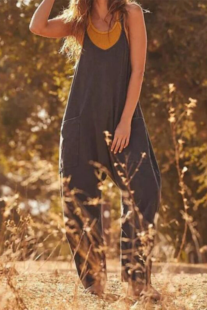 Stilla | Gade Solid Farve V-hals Løse Jumpsuits