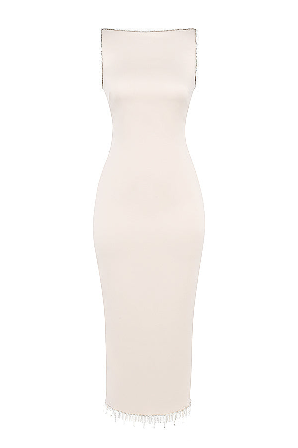 Stilla | Ivory Satin Midikjole Med Krystaller