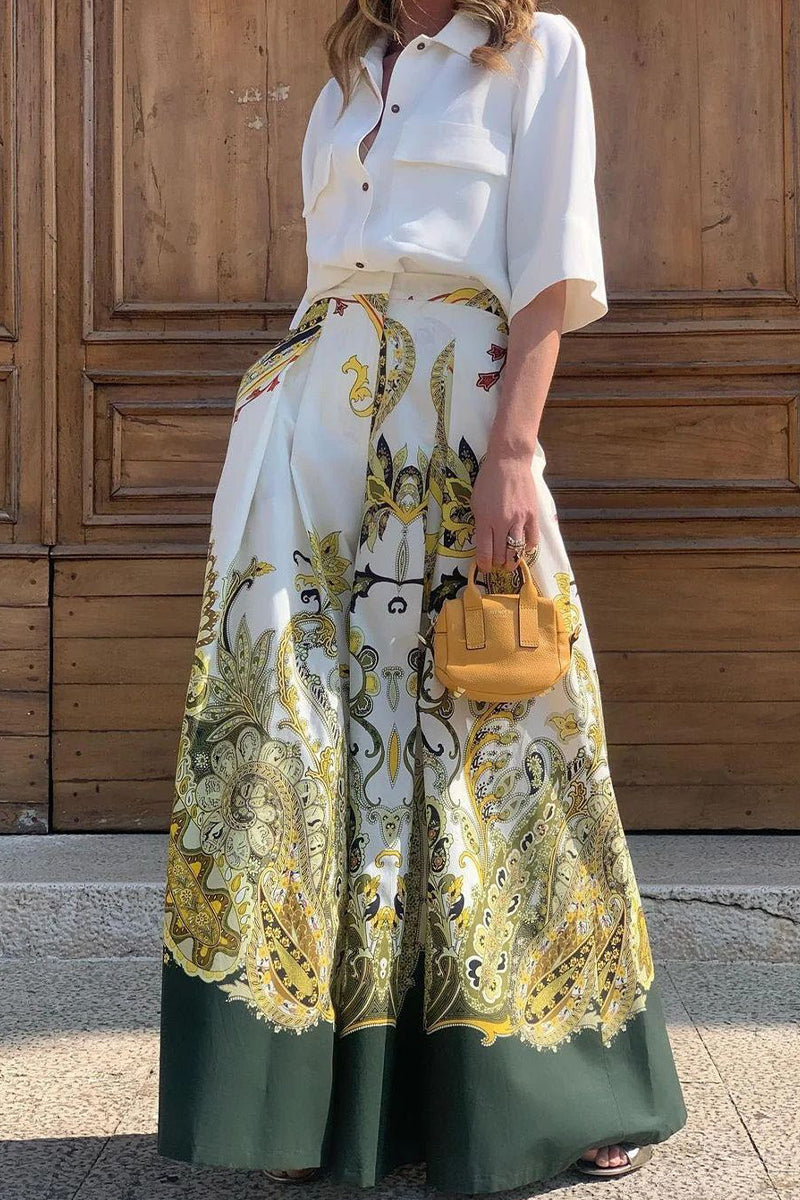 Stilla | Elegant Floral Lomme Nedslået Krave Halv Ærme to Delt
